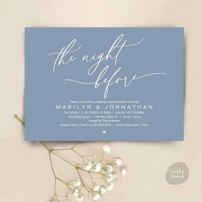 Nattdagen före, Bröllop Rehearsal Dinner Party Inbjudningar (The Night Before, Romantic Modern Wedding Rehearsal Dinner Party Invitation Card PDF Dusty Blue)