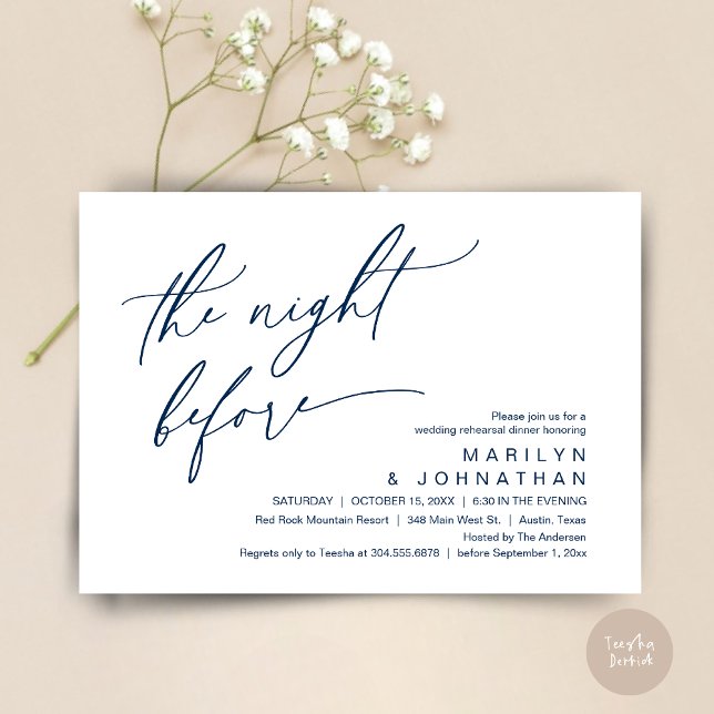 Nattdagen före, Bröllop Rehearsal Dinner Party Inbjudningar (The Night Before, Romantic Modern Wedding Rehearsal Dinner Party Invitation Card PDF Navy Blue)