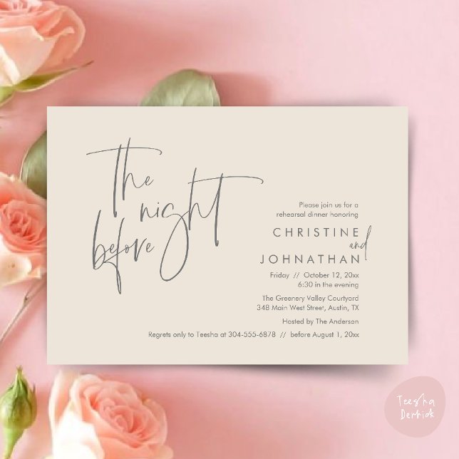 Nattdagen före, Bröllop Rehearsal Middag Inbjudningar (The night before, Casual Modern Wedding Rehearsal Dinner Invitation Card PDF Cream Grey)