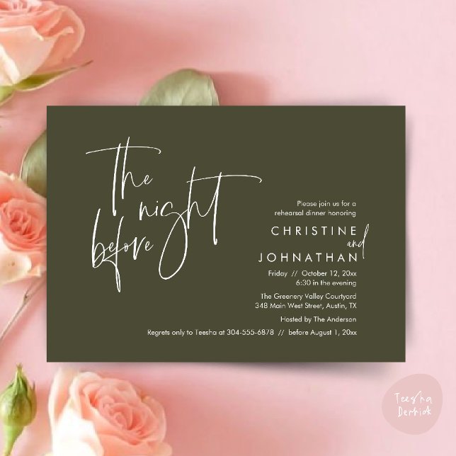 Nattdagen före, Bröllop Rehearsal Middag Inbjudningar (The night before, Casual Modern Wedding Rehearsal Dinner Invitation Card PDF Olive Green)