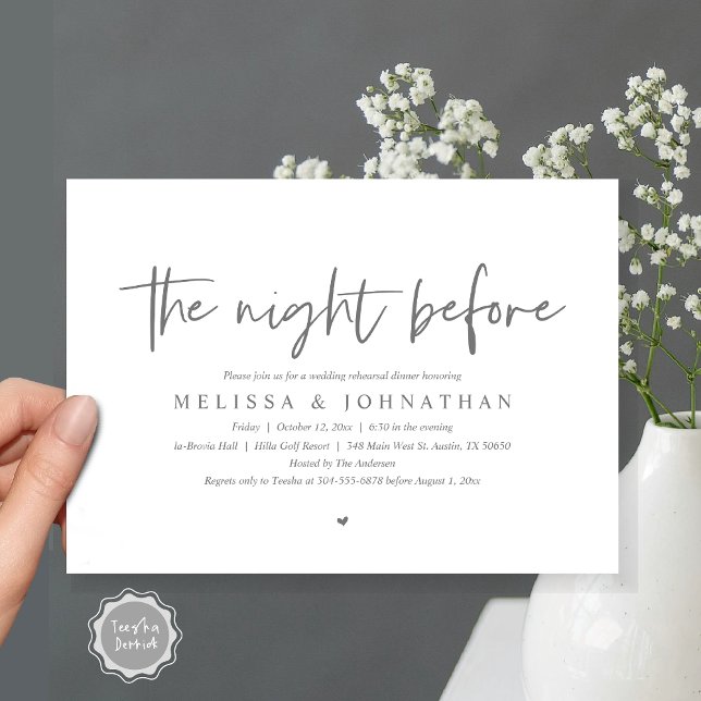Nattdagen före, Bröllop Rehearsal Middag Inbjudningar (The Night Before, Wedding Rehearsal Dinner Invitation Card, Modern Casual Script, in dark grey)