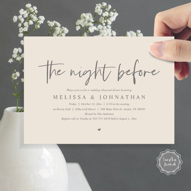 Nattdagen före, Bröllop Rehearsal Middag Inbjudningar (The Night Before, Wedding Rehearsal Dinner Invitation Card, Modern Casual Script, in grey cream)