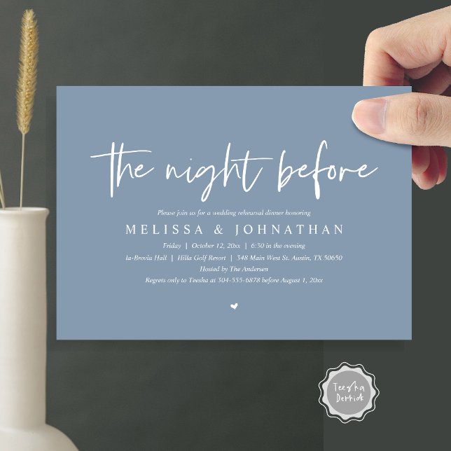 Nattdagen före, Bröllop Rehearsal Middag Inbjudningar (The Night Before, Wedding Rehearsal Dinner Invitation Card, Modern Casual Script, in dusty blue)