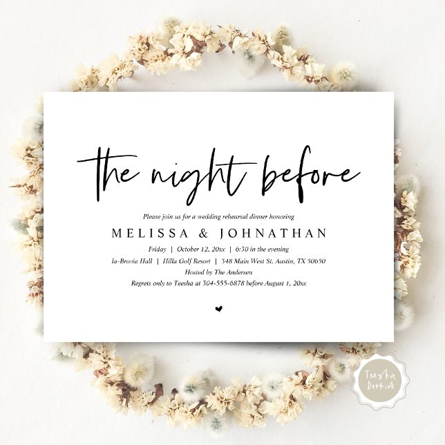 Nattdagen före, Bröllop Rehearsal Middag Inbjudningar (The Night Before, Wedding Rehearsal Dinner Invitation Card, Modern Casual Script, in Black and White)