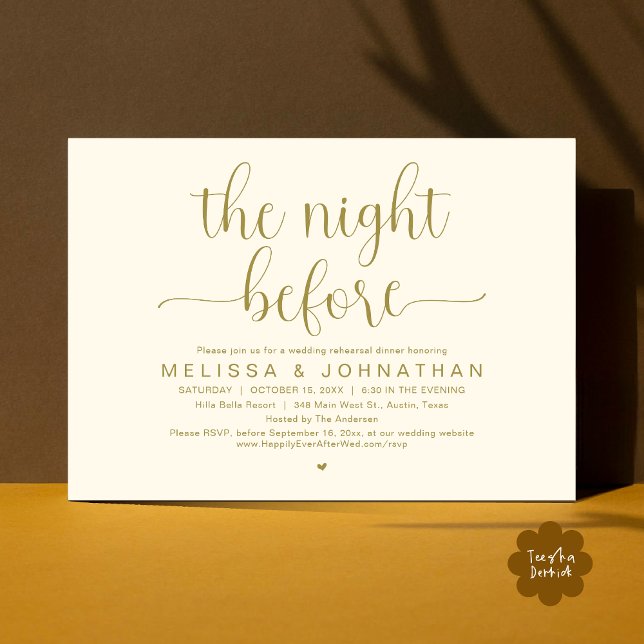 Nattdagen före, Bröllop Rehearsal Middag Inbjudningar (The Night Before, Wedding Rehearsal Dinner Romantic Party Invitation Card Heart PDF Yellow Gold)
