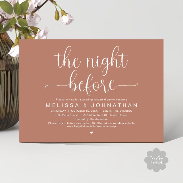 Nattdagen före, Bröllop Rehearsal Middag Inbjudningar (The Night Before, Wedding Rehearsal Dinner Romantic Party Invitation Card Heart PDF Earthy Brown)