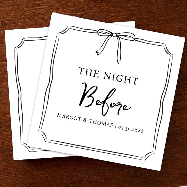 "Nattdagen före" Välkomstord till Party Pappersservett (Personalize your rehearsal dinner with chic, customizable “The Night Before” black and white napkins)