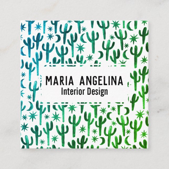 Nattdeert Cactus Måne Stars Watercolor Grönt Fyrkantigt Visitkort (Framsida)