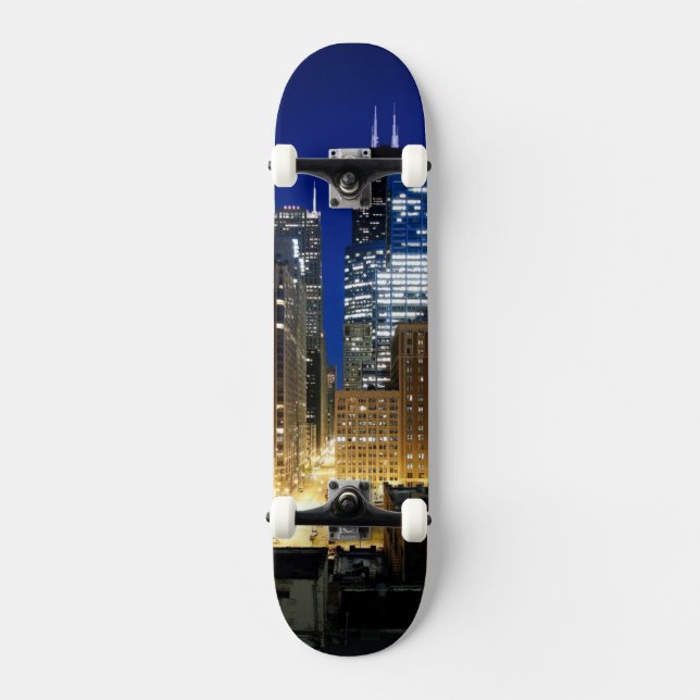 Natten beskådar av cityscape av Chicago Old School Skateboard Bräda 21,6 Cm (Framsida)