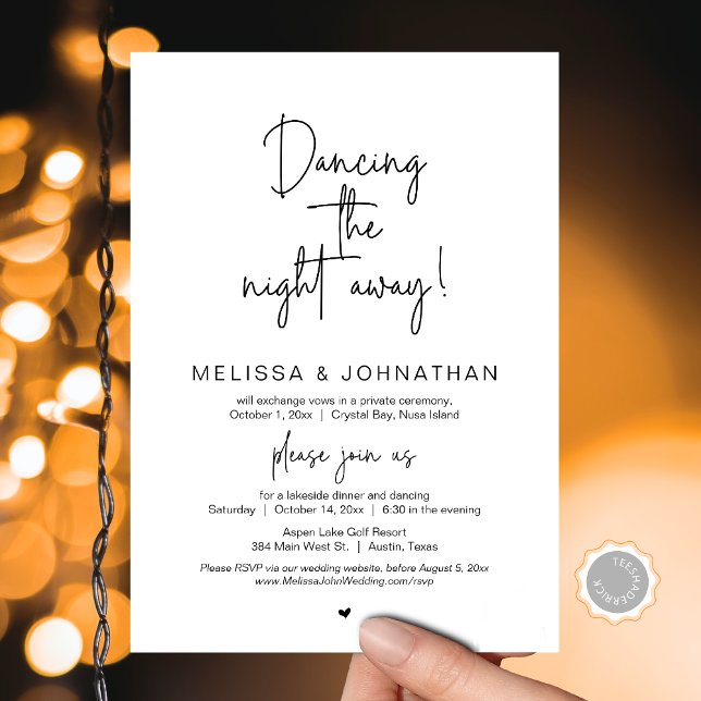 Natten bort, Bröllop Elopement Party Inbjudningar (Dancing the night away, Wedding Elopement Dinner Party and Dancing Invitation Card, Downloadable)