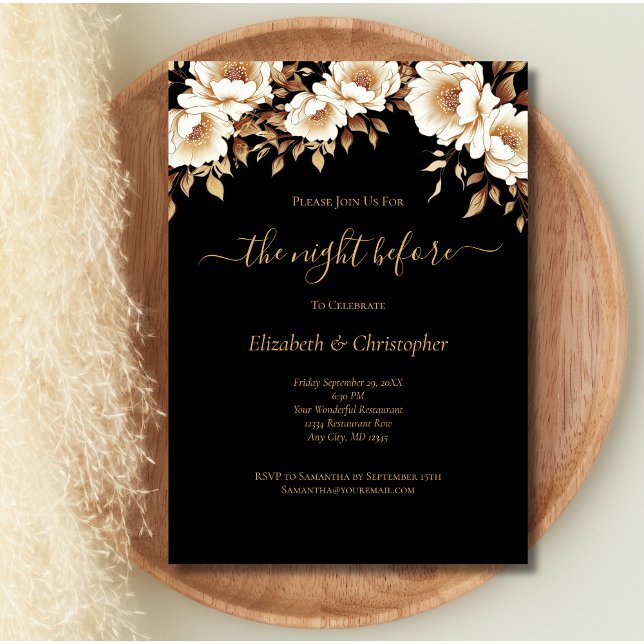 Natten före Black Gold Floral Rehearsal Middag Inbjudningar (Black Gold Floral The Night Before Wedding Rehearsal Dinner Invitation. Printed or Digital.)