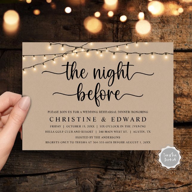 Natten före, Bröllop Rehearsal, Brown Kraft Inbjudningar (The Night Before, Wedding Rehearsal, Brown Kraft Invitation Card, with rustic cottage String Lights)