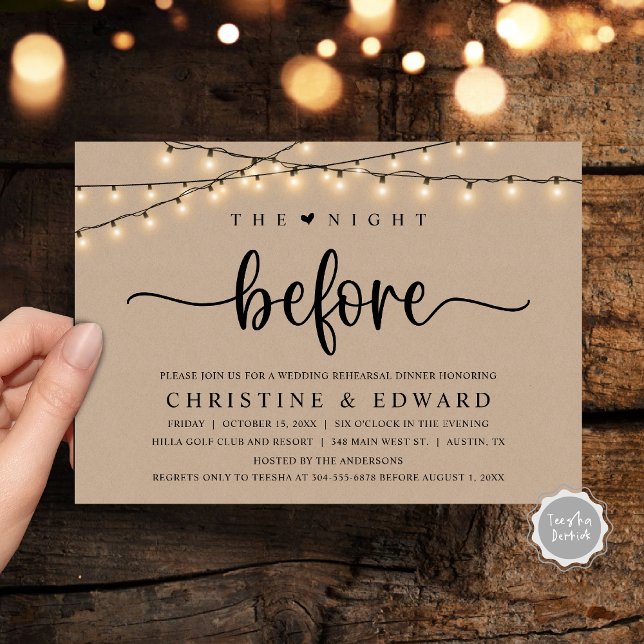 Natten före, Bröllop Rehearsal, Brown Kraft Inbjudningar (The Night Before, Wedding Rehearsal, Brown Kraft Invitation Card, with rustic cottage String Lights.)