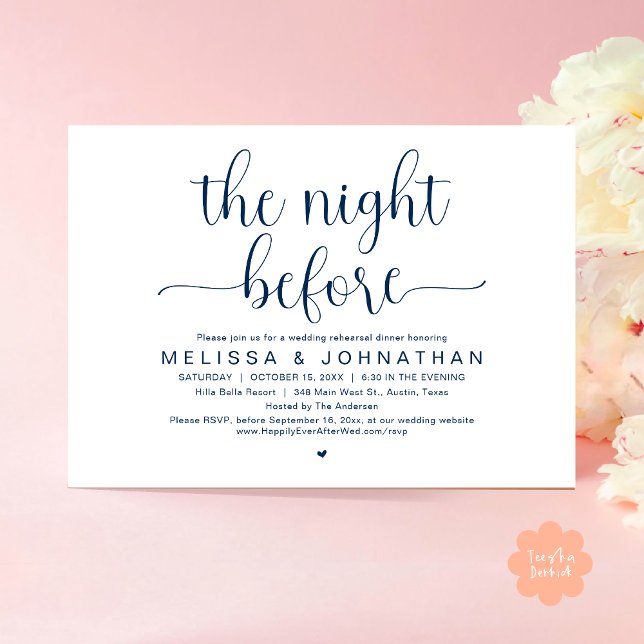 Natten före, Bröllop Rehearsal Dinner-inbjudan Inbjudningar (The Night Before, Wedding Rehearsal Dinner Romantic Party Invitation Card Heart PDF navy Blue)