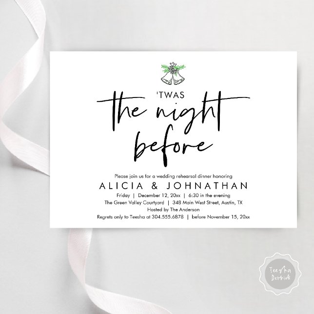 Natten före, Bröllop Rehearsal Dinner Inbjudningar (Twas The Night Before Wedding Rehearsal Dinner Party Invites Card mistletoe wedding bell black white)