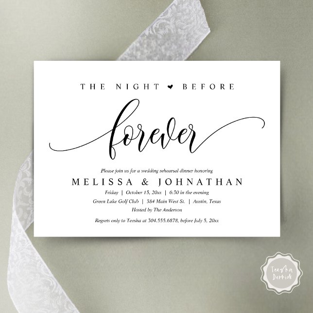 Natten före, Bröllop Rehearsal Middag Inbjudningar (The Night Before Forever, Modern Wedding Rehearsal Dinner Invitation Card, PDF, in Black and white)