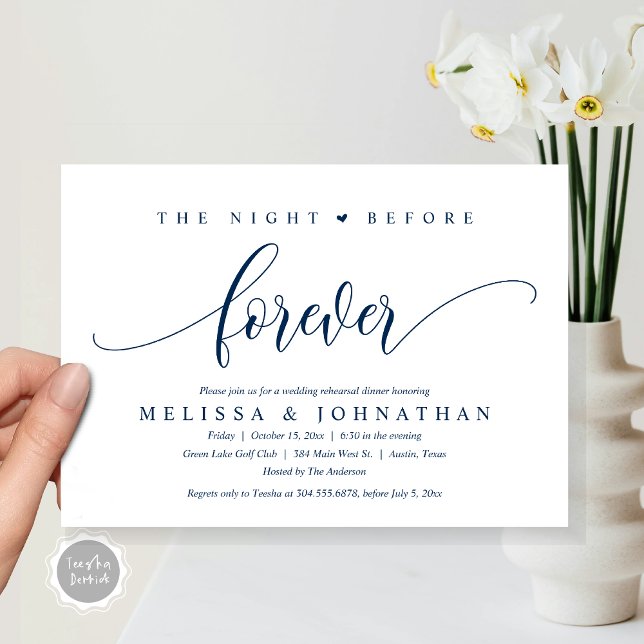 Natten före, Bröllop Rehearsal Middag Inbjudningar (The Night Before Forever, Modern Wedding Rehearsal Dinner Invitation Card, PDF, in Navy Blue)