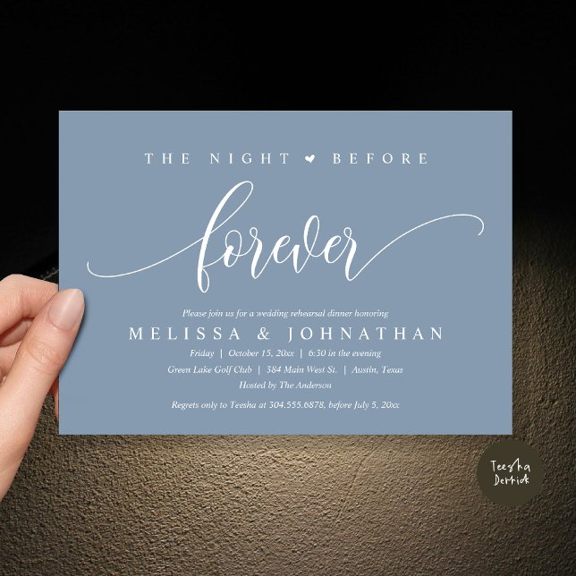 Natten före, Bröllop Rehearsal Middag Inbjudningar (The Night Before Forever, Modern Wedding Rehearsal Dinner Invitation Card, PDF, in Dusty Blue)
