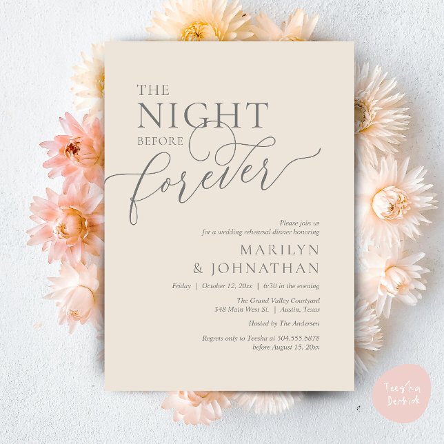 Natten före, Bröllop Rehearsal Middag Inbjudningar (The Night Before Forever Wedding Rehearsal Dinner Romantic Classy Invites Card PDF in Cream Grey)