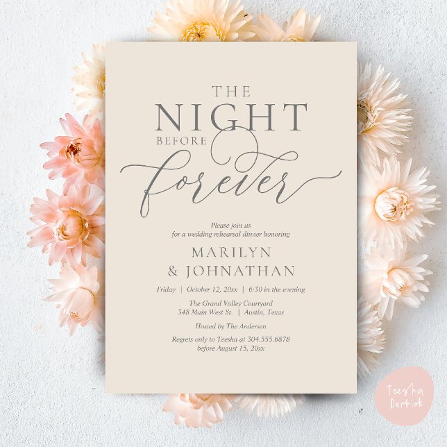Natten före, Bröllop Rehearsal Middag Inbjudningar (The Night Before Forever Wedding Rehearsal Dinner Romantic Classy Invites Card PDF in Yellow Gold)