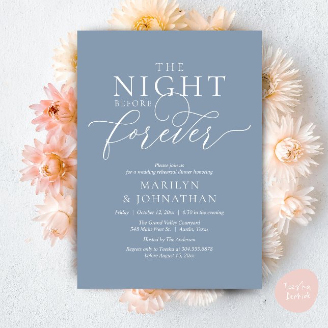 Natten före, Bröllop Rehearsal Middag Inbjudningar (The Night Before Forever Wedding Rehearsal Dinner Romantic Classy Invites Card PDF in Dusty Blue)