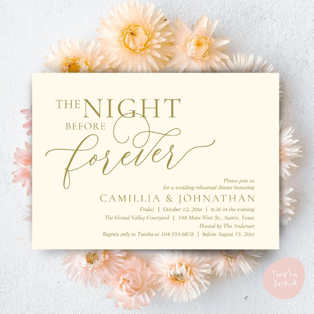 Natten före, Bröllop Rehearsal Middag Inbjudningar (The Night Before Forever Wedding Rehearsal Dinner Romantic Classy Invites Card PDF in Yellow Gold)