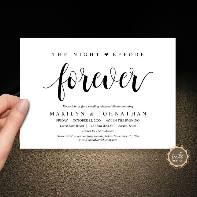 Natten före, Bröllop Rehearsal Middag Inbjudningar (The Night Before Forever, Wedding Rehearsal Dinner Invitation Card, PDF, Rustic, Black and White)