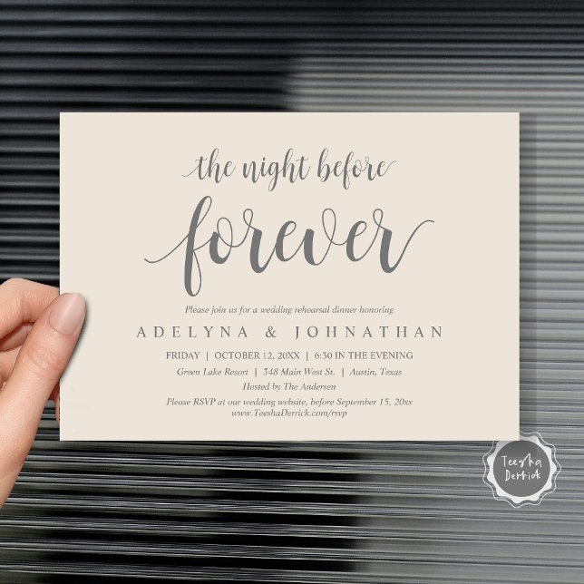 Natten före, Bröllop Rehearsal Middag Inbjudningar (The Night Before Forever, Wedding Rehearsal Dinner Invitation Card, in dark grey and cream themed.)