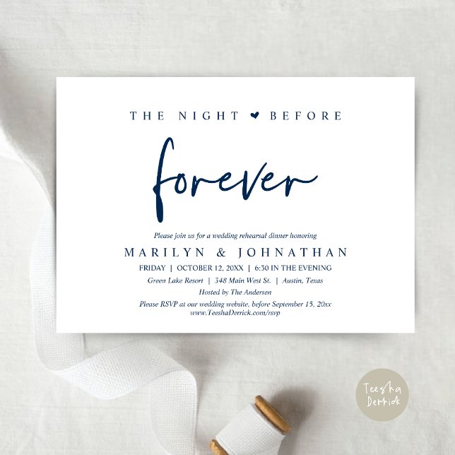 Natten före, Bröllop Rehearsal Middag Inbjudningar (The Night Before Forever, Modern Wedding Rehearsal Dinner Invitation Card, PDF, in Navy Blue)