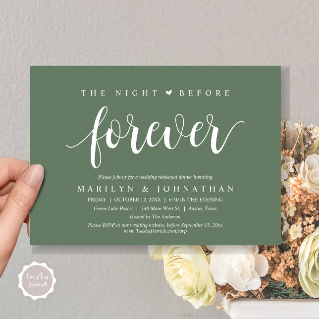 Natten före, Bröllop Rehearsal Middag Inbjudningar (The Night Before Forever, Wedding Rehearsal Dinner Invitation Card, PDF, Rustic, Forest Sage Green)