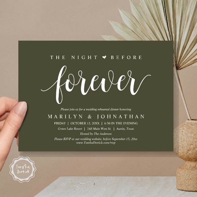 Natten före, Bröllop Rehearsal Middag Inbjudningar (The Night Before Forever, Wedding Rehearsal Dinner Invitation Card, PDF, Retro, Olive Green)