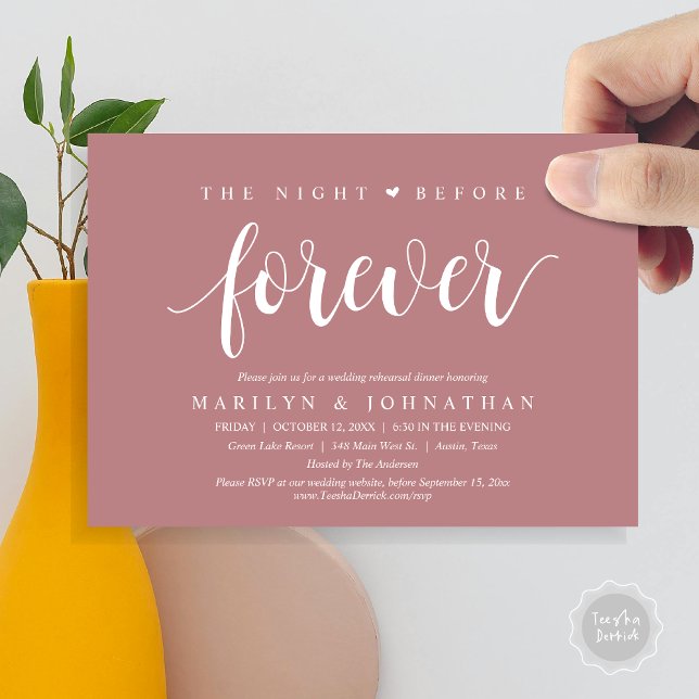 Natten före, Bröllop Rehearsal Middag Inbjudningar (The Night Before Forever, Wedding Rehearsal Dinner Invitation Card, PDF, Retro, Dusty Rose Pink)