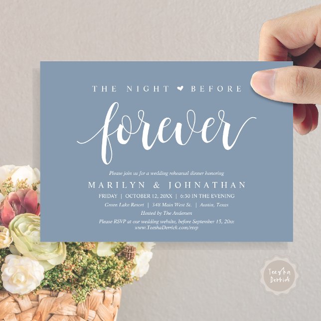 Natten före, Bröllop Rehearsal Middag Inbjudningar (The Night Before Forever, Wedding Rehearsal Dinner Invitation Card, PDF, Retro Rustic, Dusty Blue)