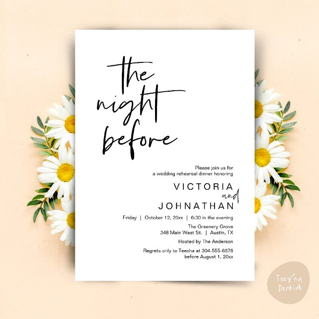 Natten före, Bröllop Rehearsal Party middag Inbjudningar (The Night Before, Wedding Rehearsal Dinner Party Invites Card PDF Romantic Modern Casual Black White)