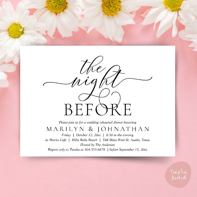 Natten före, Classy Bröllop Rehearsal Middag Inbjudningar (The Night Before, Classy Romantic Wedding Rehearsal Dinner Party Invitation Card PDF in Black White)