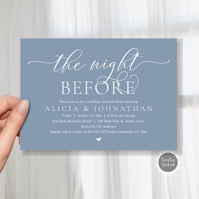 Natten före, Classy Bröllop Rehearsal Middag Inbjudningar (The Night Before, Classy Romantic Wedding Rehearsal Dinner Invitation Card, PDF, Dusty Blue)