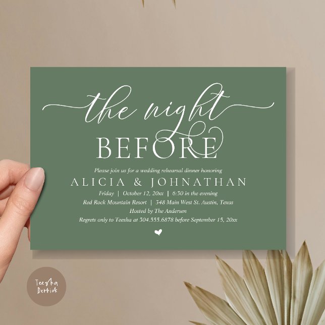 Natten före, Classy Bröllop Rehearsal Middag Inbjudningar (The Night Before, Classy Romantic Wedding Rehearsal Dinner Invitation Card, PDF, Forest Sage Green)