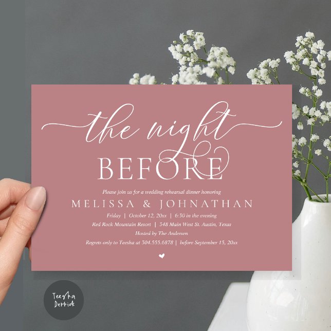 Natten före, Classy Bröllop Rehearsal Middag Inbjudningar (The Night Before, Modern Wedding Rehearsal Dinner Romance Invitation Card, PDF, Dusty Rose Pink)