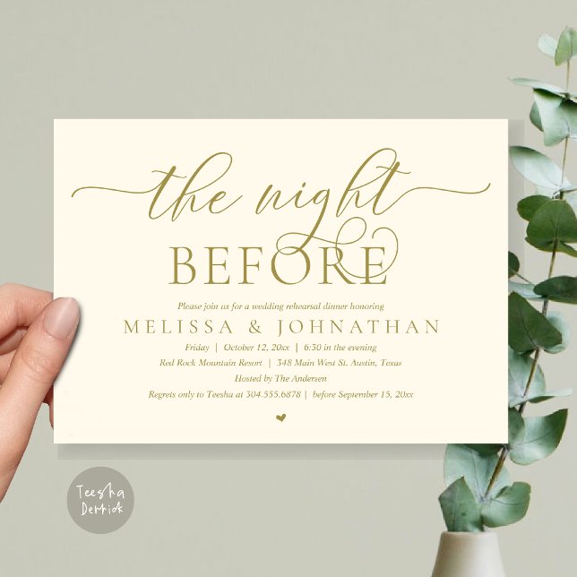 Natten före, Classy Bröllop Rehearsal Middag Inbjudningar (The Night Before, Modern Wedding Rehearsal Dinner Romance Invitation Card, PDF, Yellow Gold)