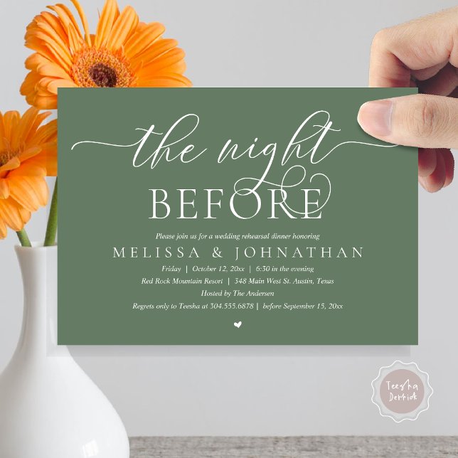 Natten före, Classy Bröllop Rehearsal Middag Inbjudningar (The Night Before, Modern Wedding Rehearsal Dinner Romance Invitation Card, PDF, Forest Sage Green)