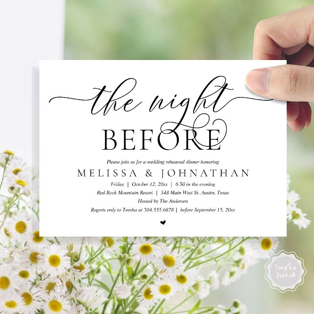 Natten före, Classy Bröllop Rehearsal Middag Inbjudningar (The Night Before, Modern Wedding Rehearsal Dinner Romance Invitation Card, PDF, Black White)