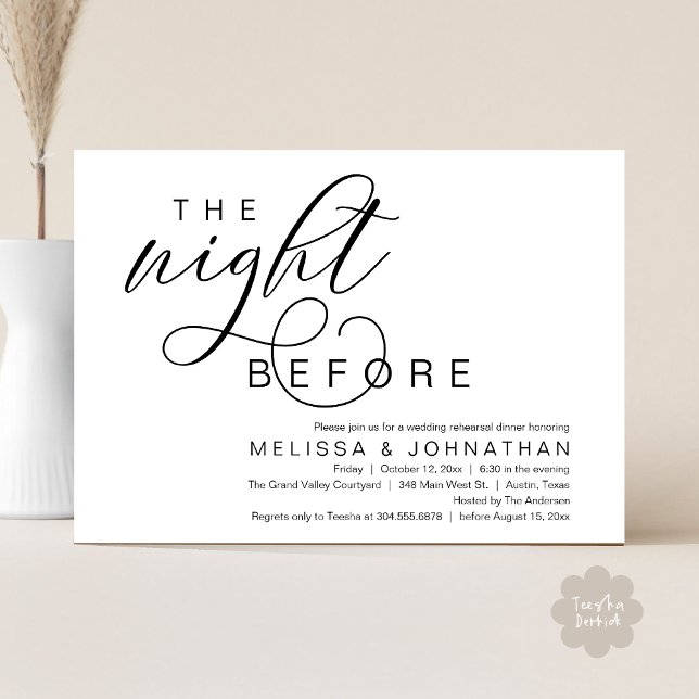 Natten före, Classy Bröllop Rehearsal Middag Inbjudningar (The Night Before, Classy Romantic Wedding Rehearsal Dinner Invitation Card PDF Modern White Black)