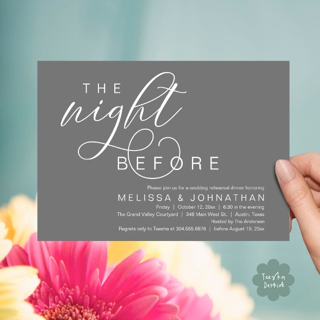 Natten före, Classy Bröllop Rehearsal Middag Inbjudningar (The Night Before, Classy Romantic Wedding Rehearsal Dinner Invitation Card PDF Modern Dark Grey)