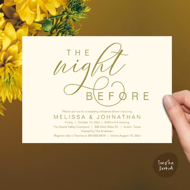 Natten före, Classy Bröllop Rehearsal Middag Inbjudningar (The Night Before, Classy Romantic Wedding Rehearsal Dinner Invitation Card PDF Modern Yellow Gold)