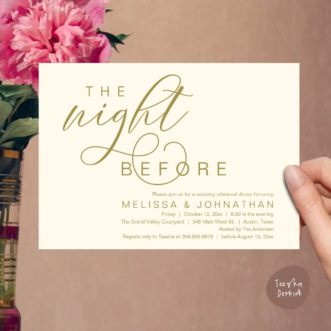 Natten före, Classy Bröllop Rehearsal Middag Inbjudningar (The Night Before, Classy Romantic Wedding Rehearsal Dinner Invitation Card PDF Modern Yellow Gold)