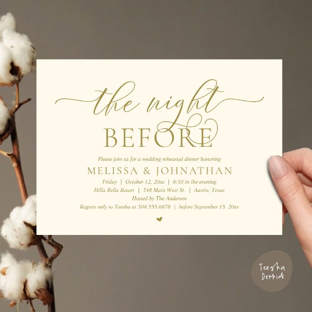 Natten före, Classy Bröllop Rehearsal Middag Inbjudningar (The Night Before, Classy Romantic Wedding Rehearsal Dinner Invitation Card PDF Yellow Gold)