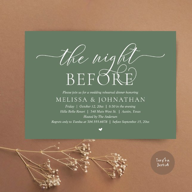 Natten före, Classy Bröllop Rehearsal Middag Inbjudningar (The Night Before, Classy Romantic Wedding Rehearsal Dinner Invitation Card PDF Greenery Sage Green)
