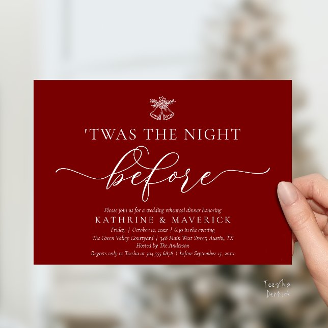 Natten före Classy Rehearsal Dinner Inbjudningar ('Twas The Night Before Modern Romantic Wedding Rehearsal Dinner Invites Card PDF Burgundy Wine Red)