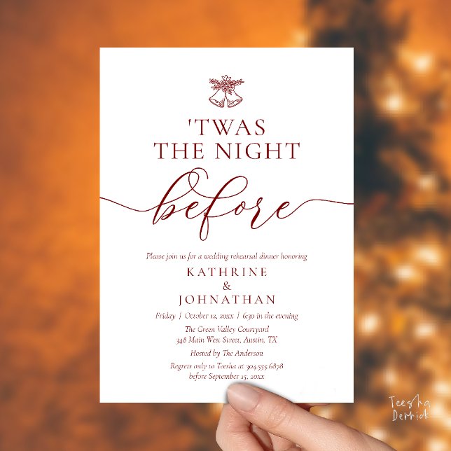 Natten före Classy Rehearsal Dinner Inbjudningar ('Twas The Night Before Modern Romantic Wedding Rehearsal Dinner Invites Card PDF Burgundy Wine Red)