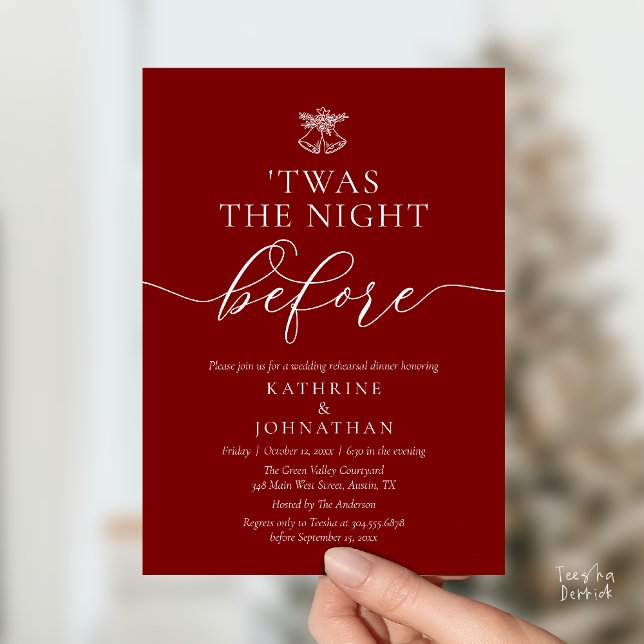 Natten före Classy Rehearsal Dinner Inbjudningar ('Twas The Night Before Modern Romantic Wedding Rehearsal Dinner Invites Card PDF Burgundy Wine Red)